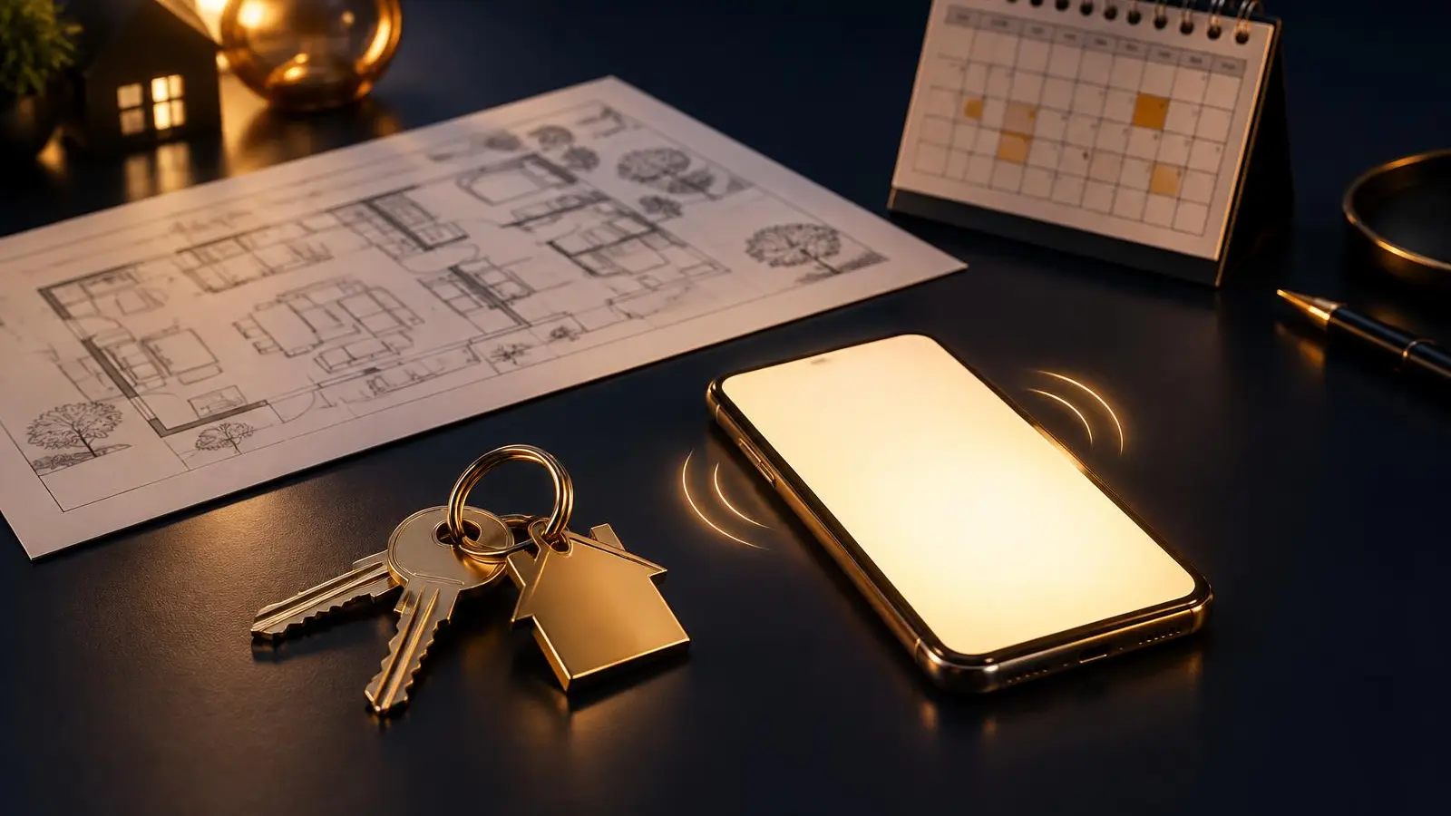 Illustration : des clés, un téléphone qui sonne, un plan de maison et un calendrier de visites