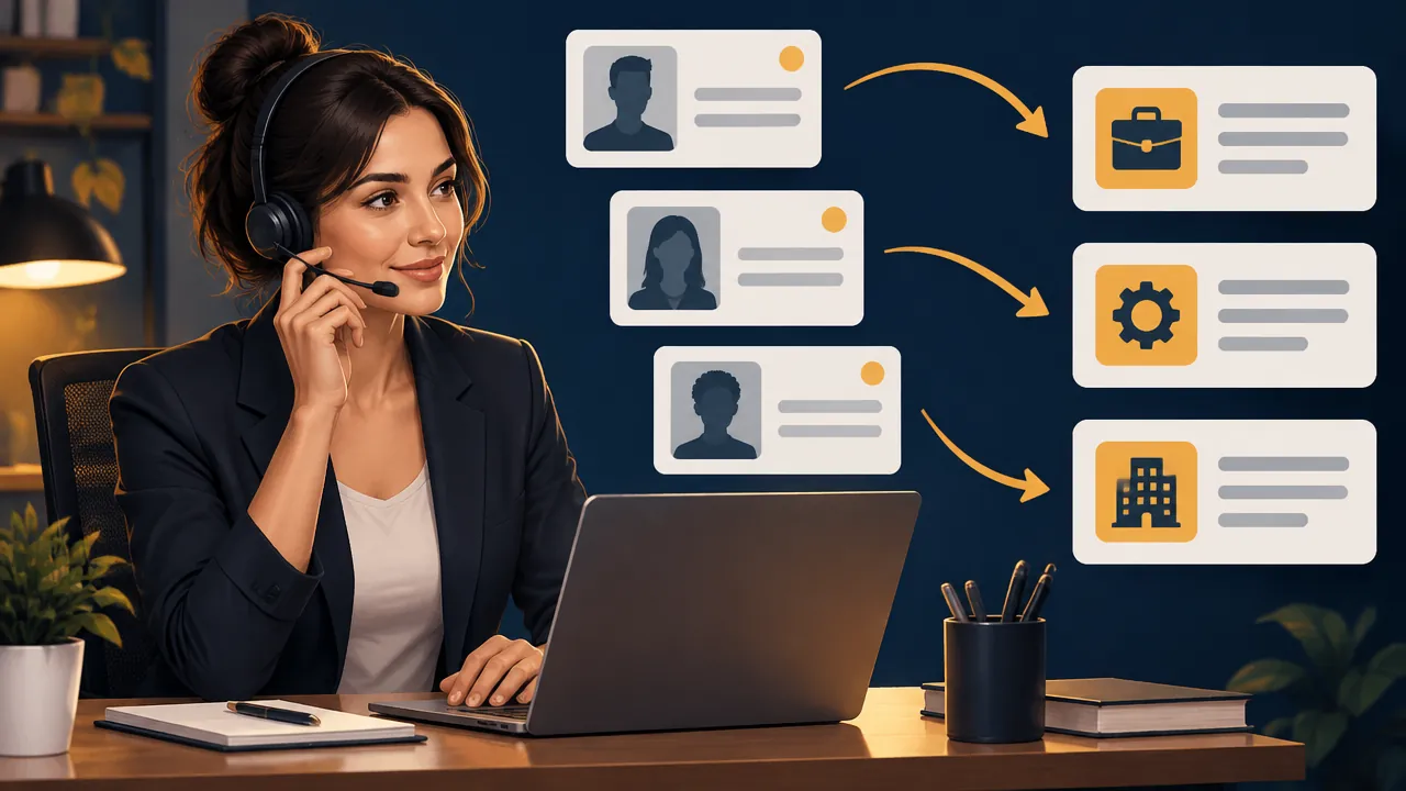Illustration : conseiller en agence d'intérim au téléphone entouré de profils candidats et de missions à pourvoir