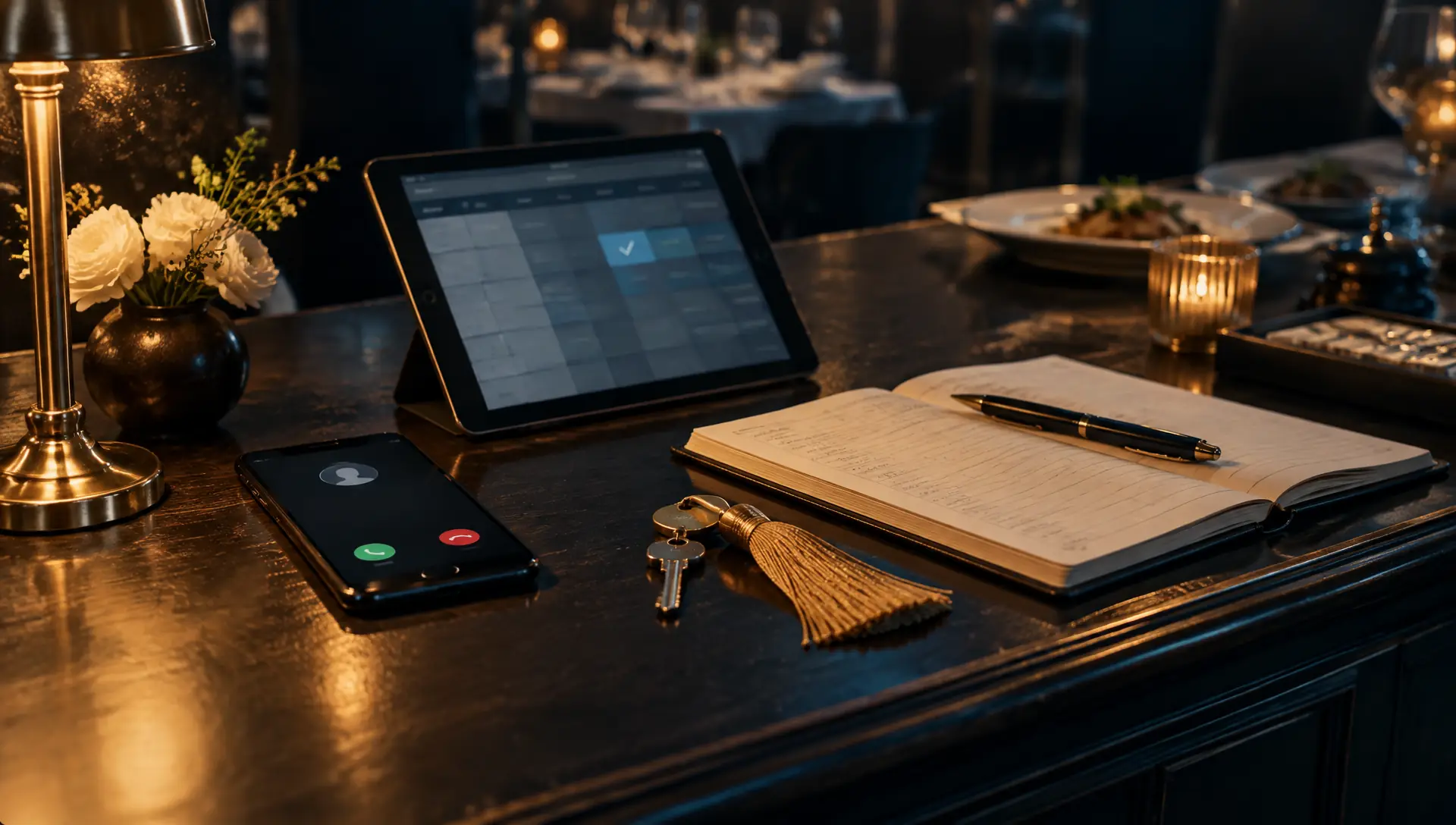 Illustration : un restaurant en plein service avec un téléphone qui sonne et un écran d'agent vocal IA affichant une réservation confirmée