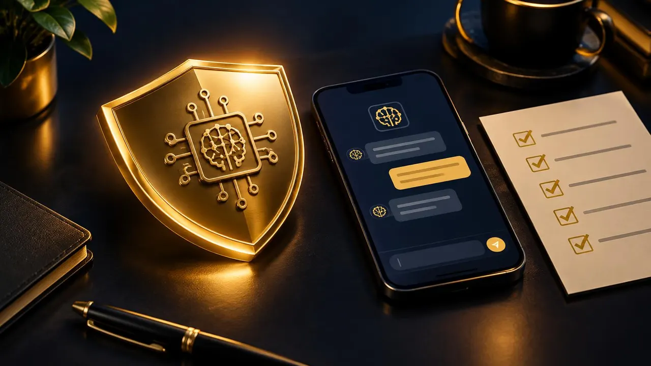 Illustration : un bouclier avec une icône d'intelligence artificielle à côté d'un téléphone affichant « assistant IA » et d'une check-list