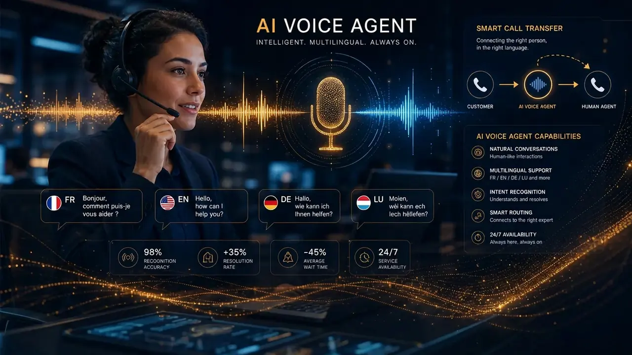 Illustration Praecon CallFlow : agent vocal IA multilingue avec ondes sonores et transferts d'appel