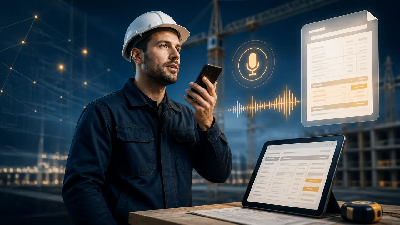 Illustration Praecon Devis : artisan sur chantier dictant un devis à la voix depuis son téléphone, avec aperçu d'estimation sur tablette