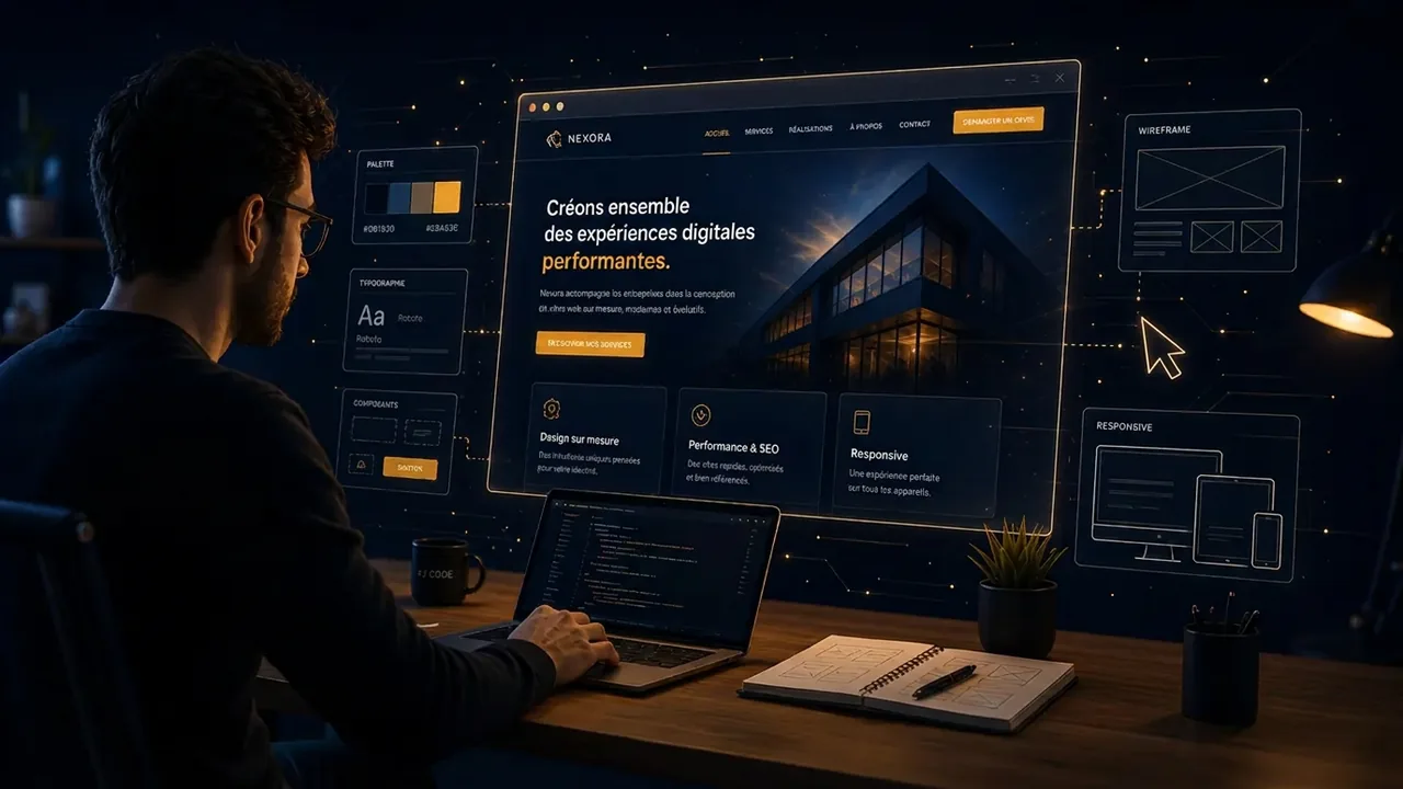 Illustration Praecon Pages : conception de site internet avec mockup d'interface flottant
