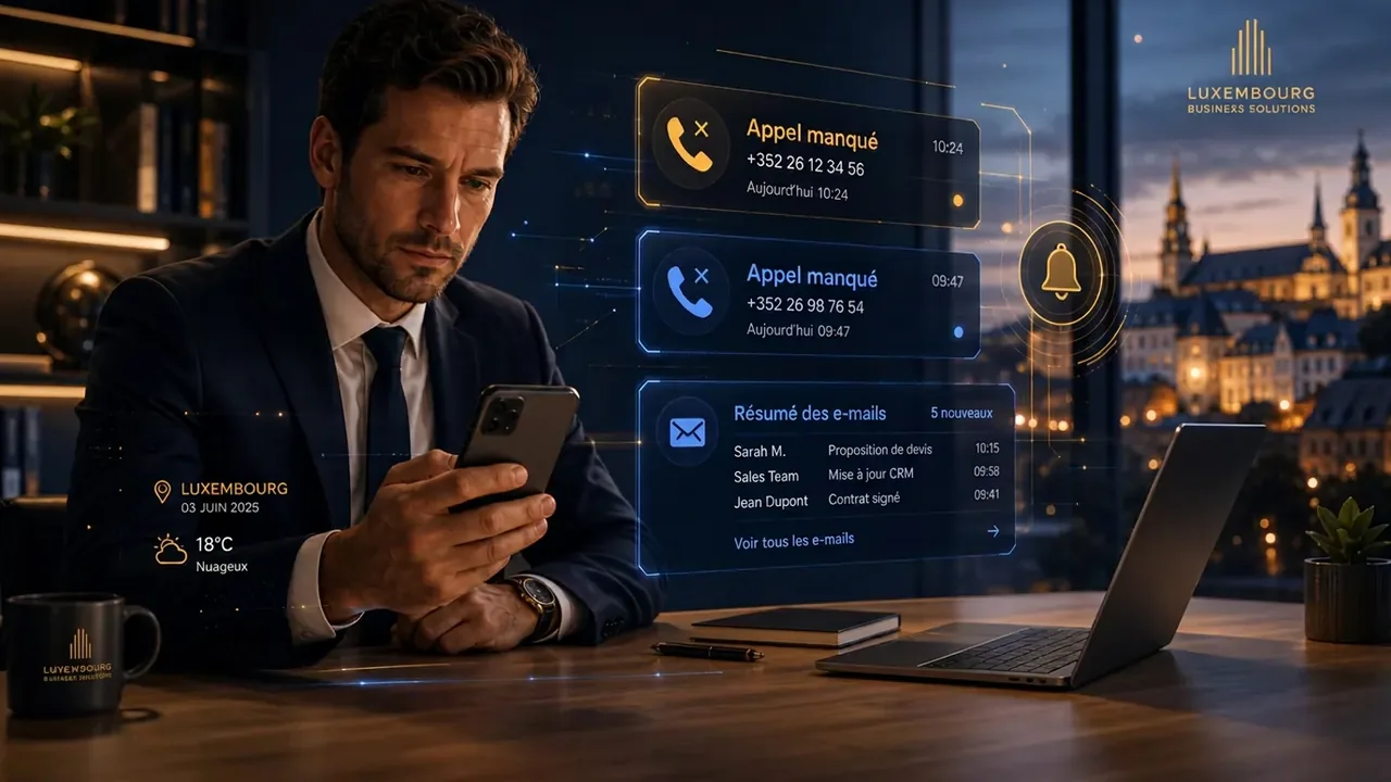 Illustration Praecon Réception : professionnel recevant un appel manqué avec notifications et résumé email flottants